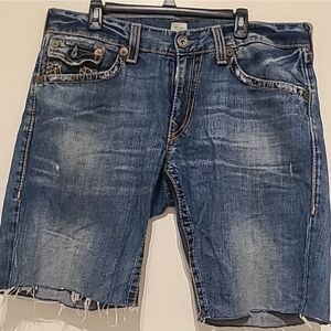 True Religion Blue Distressed Jean Shorts with Frayed Hem